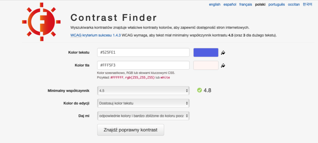 Screen z narzędzia Contrast Finder: kontrast na mojej stronie www. Ilustracja do arykułu na temat user friendly.