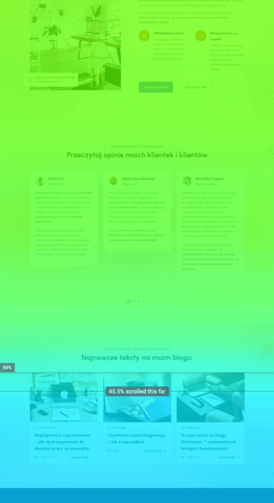 Zrzut z ekranu kolory oznaczające głębokość scrollowania strony przez użytkowników – w kontekście tematu dane w małym biznesie online
