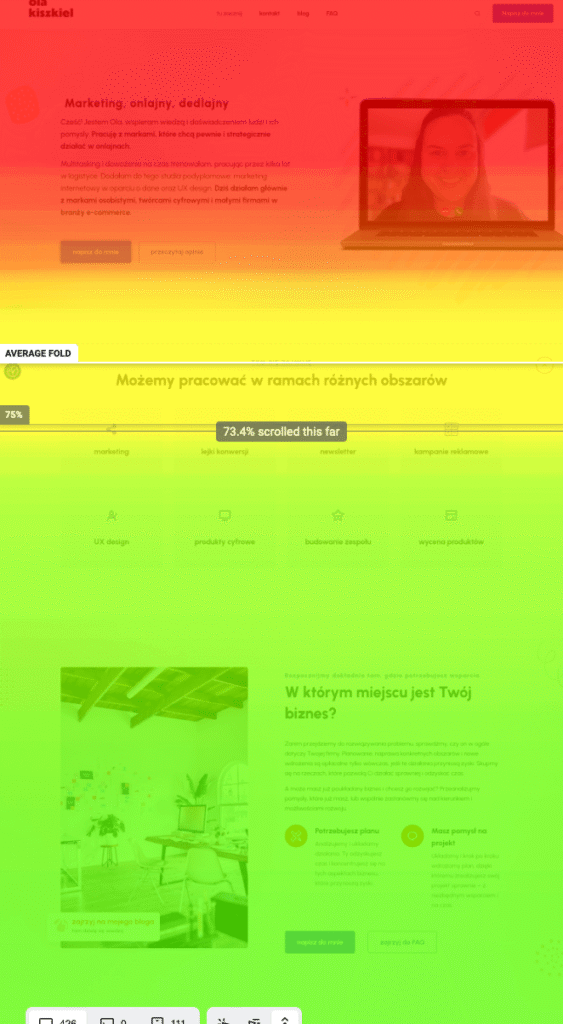 Zrzut z ekranu kolory oznaczające głębokość scrollowania strony przez użytkowników – w kontekście tematu dane w małym biznesie online