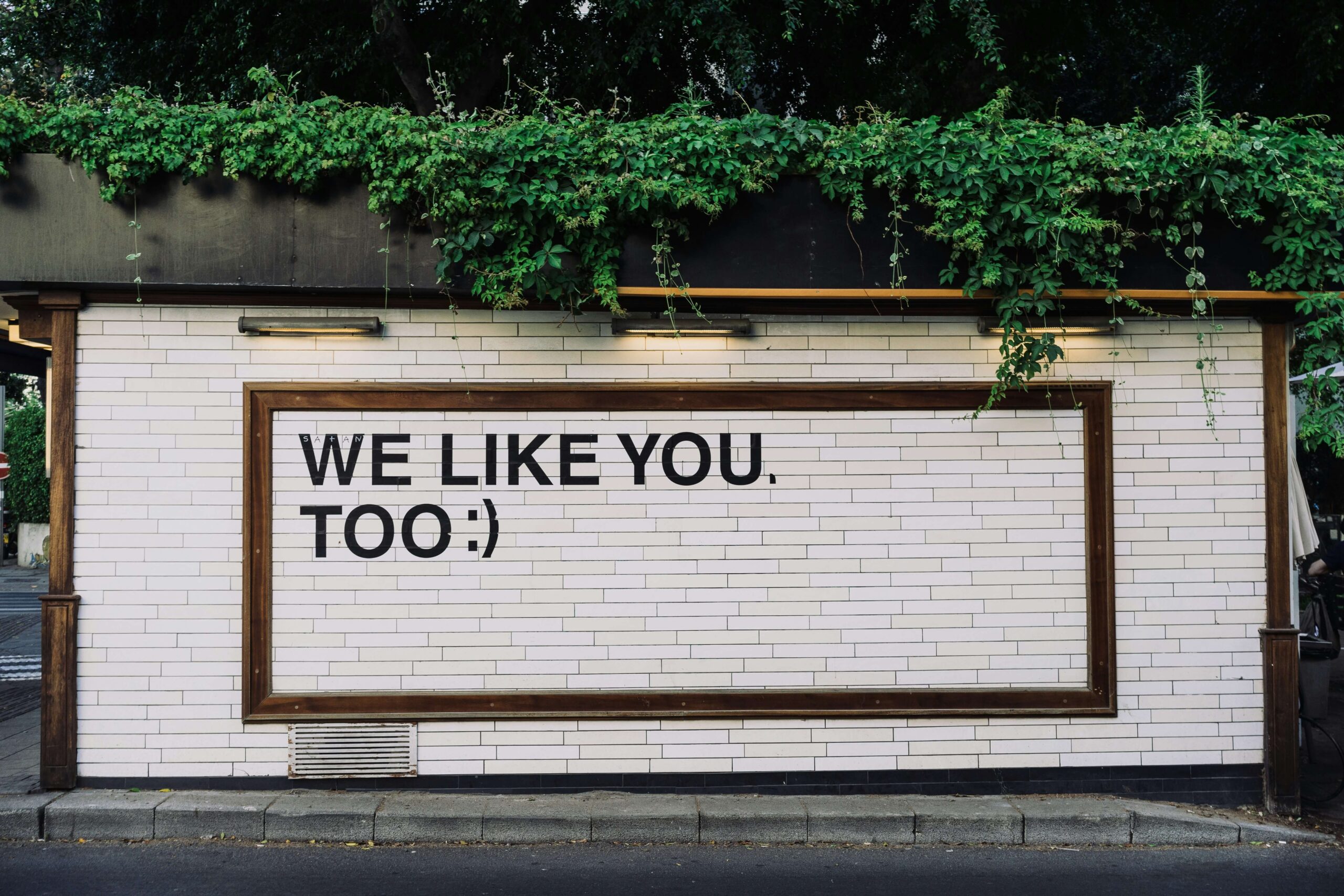 Bilboard z ceglanym tłem w białym kolorze i napisem czarnymi literami: we like you too ;) na górze zielone krzewy, Ilustracja do tekstu Grupa ciepła