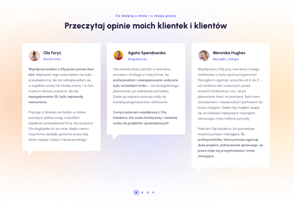 Zrzut z ekranu Opinie ze strony internetowej, sekcja z opiniami klientów – w kontekście tematu dane w małym biznesie online