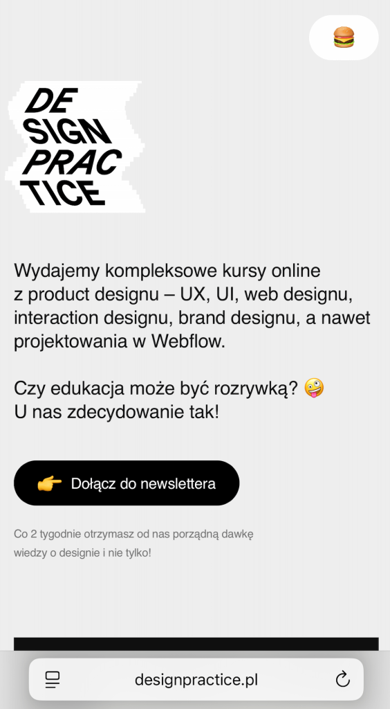 Strona marki Design Practice – wersja na ekrany mobilne. Oryginalne hamburger menu