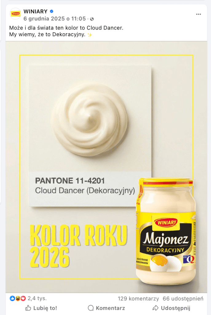 Post marki Winiary odnoszący się do nowego koloru roku Pantone. Cloud Dancer odpowiada kolorowi majonezu dekoracyjnego. Real-time marketing w praktyce