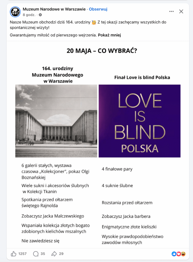 Post Muzeum Narodowego w Warszawie z napisem 20 maja co wybrać – i dwie listy argumentów, jedna za wizytą w Muzeum z okazji 164. urodzin instytucji, druga za obejrzeniem finału Love is blind Polska