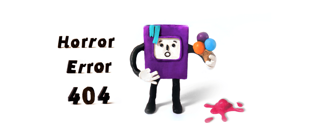 Kreatywna strona błędu 404 księgarni Woblink z napisem "Horror Error 404" i plastelinowym fioletowym ludzikiem, któremu upadła na ziemię różowa gałka lodów.